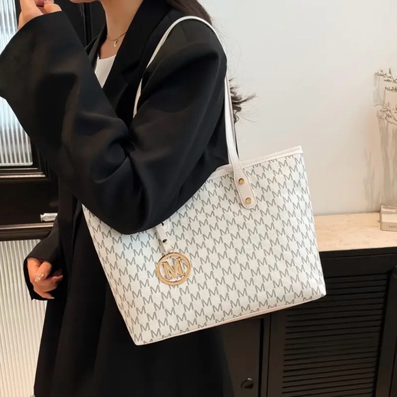 Handbags - Stylish White Monogram Tote Bag with Gold ‘M’ Charm